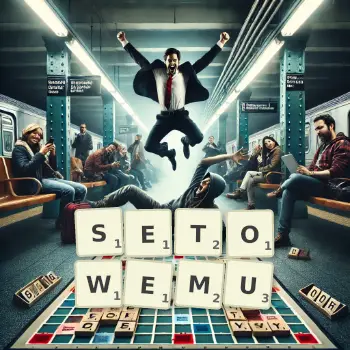 Kreatywna ilustracja do gry w Scrabble ze słowem SETOWEMU ułożonym z płytek na planszy.