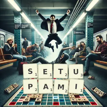 Kreatywna ilustracja do gry w Scrabble ze słowem SETUPAMI ułożonym z płytek na planszy.