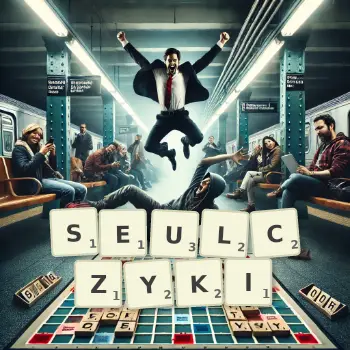 Kreatywna ilustracja do gry w Scrabble ze słowem SEULCZYKI ułożonym z płytek na planszy.