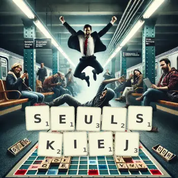 Kreatywna ilustracja do gry w Scrabble ze słowem SEULSKIEJ ułożonym z płytek na planszy.