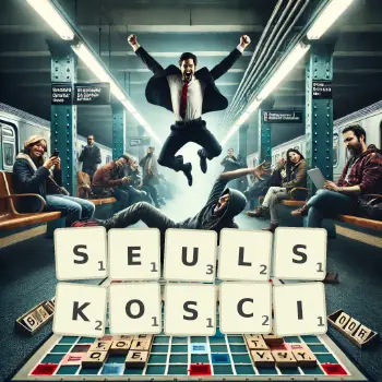 Kreatywna ilustracja do gry w Scrabble ze słowem SEULSKOSCI ułożonym z płytek na planszy.
