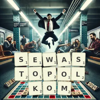 Kreatywna ilustracja do gry w Scrabble ze słowem SEWASTOPOLKOM ułożonym z płytek na planszy.