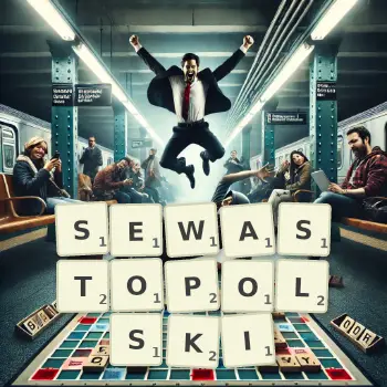 Kreatywna ilustracja do gry w Scrabble ze słowem SEWASTOPOLSKI ułożonym z płytek na planszy.