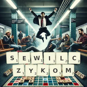 Kreatywna ilustracja do gry w Scrabble ze słowem SEWILCZYKOM ułożonym z płytek na planszy.