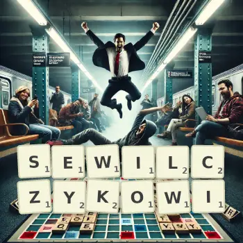 Kreatywna ilustracja do gry w Scrabble ze słowem SEWILCZYKOWI ułożonym z płytek na planszy.