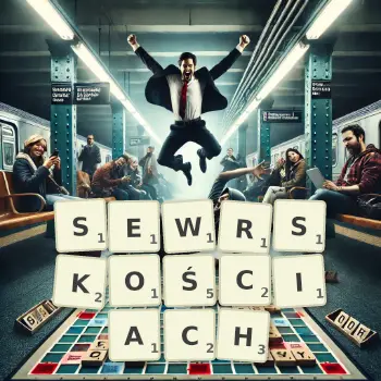 Kreatywna ilustracja do gry w Scrabble ze słowem SEWRSKOŚCIACH ułożonym z płytek na planszy.