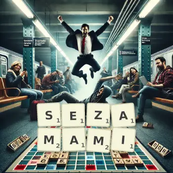 Kreatywna ilustracja do gry w Scrabble ze słowem SEZAMAMI ułożonym z płytek na planszy.