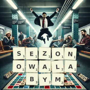 Kreatywna ilustracja do gry w Scrabble ze słowem SEZONOWALABYM ułożonym z płytek na planszy.