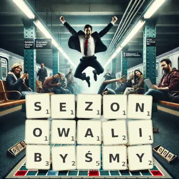 Kreatywna ilustracja do gry w Scrabble ze słowem SEZONOWALIBYŚMY ułożonym z płytek na planszy.