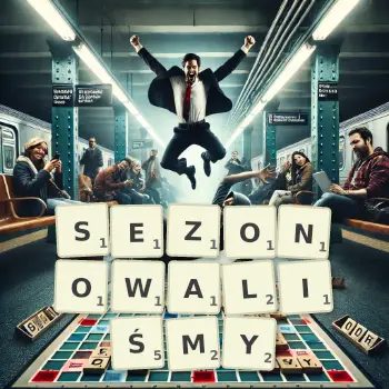 Kreatywna ilustracja do gry w Scrabble ze słowem SEZONOWALIŚMY ułożonym z płytek na planszy.