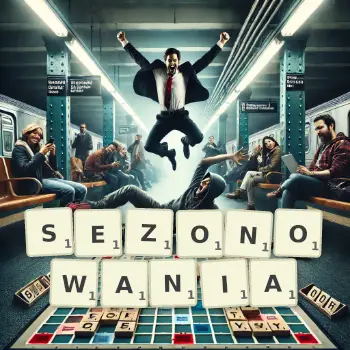 Kreatywna ilustracja do gry w Scrabble ze słowem SEZONOWANIA ułożonym z płytek na planszy.