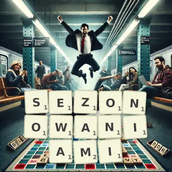 Kreatywna ilustracja do gry w Scrabble ze słowem SEZONOWANIAMI ułożonym z płytek na planszy.