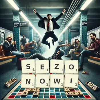 Kreatywna ilustracja do gry w Scrabble ze słowem SEZONOWI ułożonym z płytek na planszy.