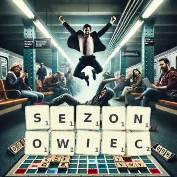 Kreatywna ilustracja do gry w Scrabble ze słowem SEZONOWIEC ułożonym z płytek na planszy.
