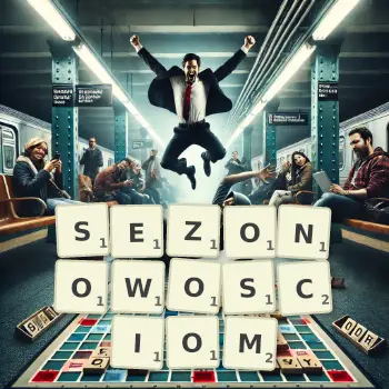 Kreatywna ilustracja do gry w Scrabble ze słowem SEZONOWOSCIOM ułożonym z płytek na planszy.