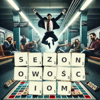 Kreatywna ilustracja do gry w Scrabble ze słowem SEZONOWOŚCIOM ułożonym z płytek na planszy.