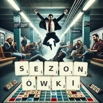Kreatywna ilustracja do gry w Scrabble ze słowem SEZONÓWKI ułożonym z płytek na planszy.