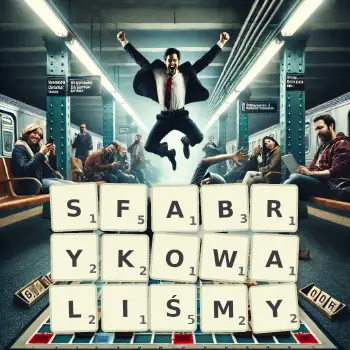 Kreatywna ilustracja do gry w Scrabble ze słowem SFABRYKOWALIŚMY ułożonym z płytek na planszy.