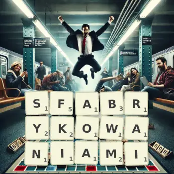 Kreatywna ilustracja do gry w Scrabble ze słowem SFABRYKOWANIAMI ułożonym z płytek na planszy.