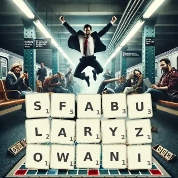 Kreatywna ilustracja do gry w Scrabble ze słowem SFABULARYZOWANI ułożonym z płytek na planszy.