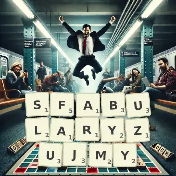 Kreatywna ilustracja do gry w Scrabble ze słowem SFABULARYZUJMY ułożonym z płytek na planszy.