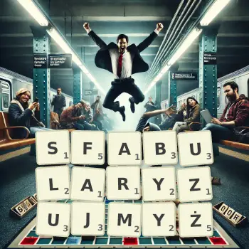 Kreatywna ilustracja do gry w Scrabble ze słowem SFABULARYZUJMYŻ ułożonym z płytek na planszy.