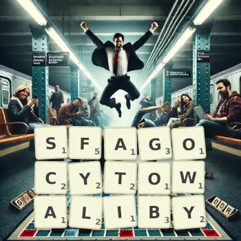 Kreatywna ilustracja do gry w Scrabble ze słowem SFAGOCYTOWALIBY ułożonym z płytek na planszy.