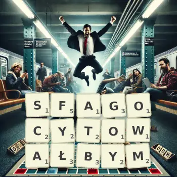 Kreatywna ilustracja do gry w Scrabble ze słowem SFAGOCYTOWAŁBYM ułożonym z płytek na planszy.