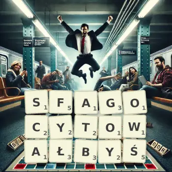 Kreatywna ilustracja do gry w Scrabble ze słowem SFAGOCYTOWAŁBYŚ ułożonym z płytek na planszy.