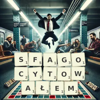 Kreatywna ilustracja do gry w Scrabble ze słowem SFAGOCYTOWAŁEM ułożonym z płytek na planszy.