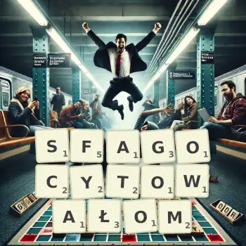 Kreatywna ilustracja do gry w Scrabble ze słowem SFAGOCYTOWAŁOM ułożonym z płytek na planszy.