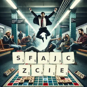 Kreatywna ilustracja do gry w Scrabble ze słowem SFAJCZCIE ułożonym z płytek na planszy.