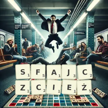 Kreatywna ilustracja do gry w Scrabble ze słowem SFAJCZCIEŻ ułożonym z płytek na planszy.