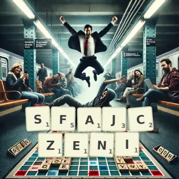 Kreatywna ilustracja do gry w Scrabble ze słowem SFAJCZENI ułożonym z płytek na planszy.