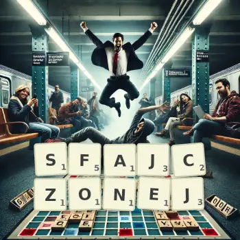 Kreatywna ilustracja do gry w Scrabble ze słowem SFAJCZONEJ ułożonym z płytek na planszy.