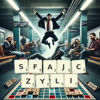 Kreatywna ilustracja do gry w Scrabble ze słowem SFAJCZYLI ułożonym z płytek na planszy.