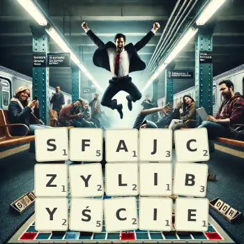 Kreatywna ilustracja do gry w Scrabble ze słowem SFAJCZYLIBYŚCIE ułożonym z płytek na planszy.