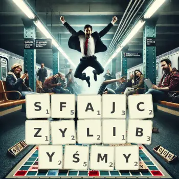 Kreatywna ilustracja do gry w Scrabble ze słowem SFAJCZYLIBYŚMY ułożonym z płytek na planszy.