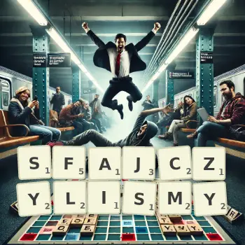 Kreatywna ilustracja do gry w Scrabble ze słowem SFAJCZYLISMY ułożonym z płytek na planszy.