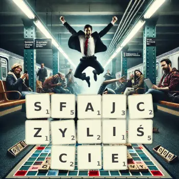 Kreatywna ilustracja do gry w Scrabble ze słowem SFAJCZYLIŚCIE ułożonym z płytek na planszy.