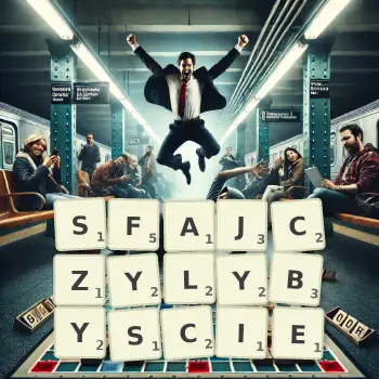 Kreatywna ilustracja do gry w Scrabble ze słowem SFAJCZYLYBYSCIE ułożonym z płytek na planszy.