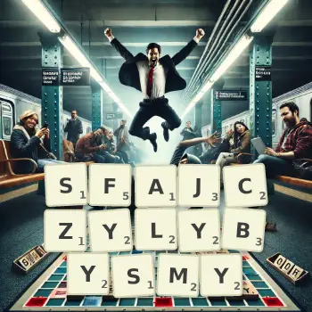 Kreatywna ilustracja do gry w Scrabble ze słowem SFAJCZYLYBYSMY ułożonym z płytek na planszy.