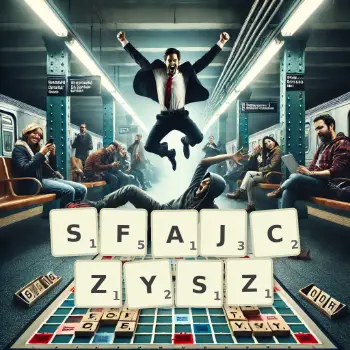 Kreatywna ilustracja do gry w Scrabble ze słowem SFAJCZYSZ ułożonym z płytek na planszy.