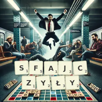 Kreatywna ilustracja do gry w Scrabble ze słowem SFAJCZYŁY ułożonym z płytek na planszy.
