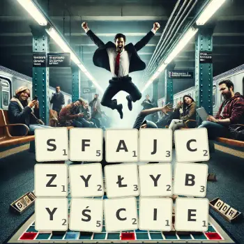 Kreatywna ilustracja do gry w Scrabble ze słowem SFAJCZYŁYBYŚCIE ułożonym z płytek na planszy.