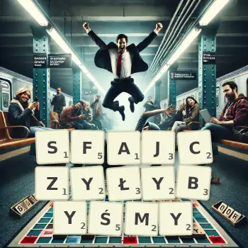 Kreatywna ilustracja do gry w Scrabble ze słowem SFAJCZYŁYBYŚMY ułożonym z płytek na planszy.