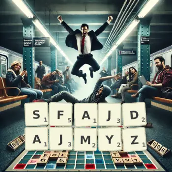 Kreatywna ilustracja do gry w Scrabble ze słowem SFAJDAJMYZ ułożonym z płytek na planszy.