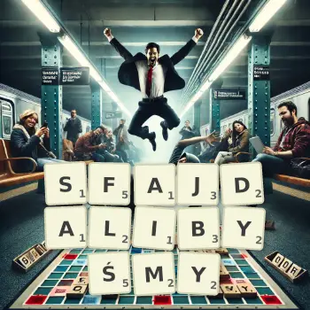 Kreatywna ilustracja do gry w Scrabble ze słowem SFAJDALIBYŚMY ułożonym z płytek na planszy.