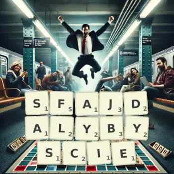 Kreatywna ilustracja do gry w Scrabble ze słowem SFAJDALYBYSCIE ułożonym z płytek na planszy.