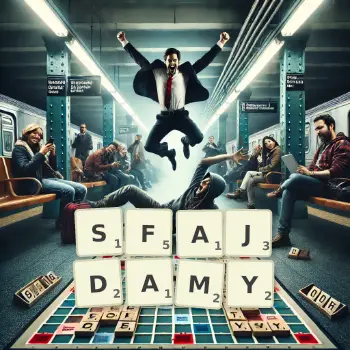 Kreatywna ilustracja do gry w Scrabble ze słowem SFAJDAMY ułożonym z płytek na planszy.